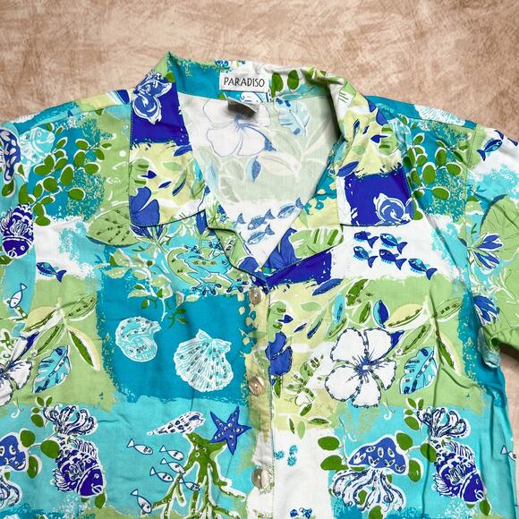 Vintage 90s Paradiso Patchwork Tropical Fish Print Beaded Button Up Shirt Beach - Picture 4 of 7